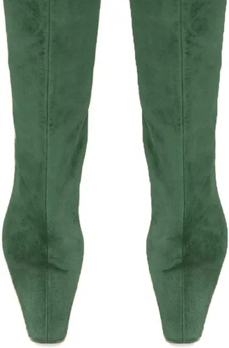 Miniatura 4 de MOOMMO Botas altas de tacón de gatito sobre la rodilla para mujer, punta cuadrada, de cuero mate, de meter de pantorrilla ancha, plisadas, tacón