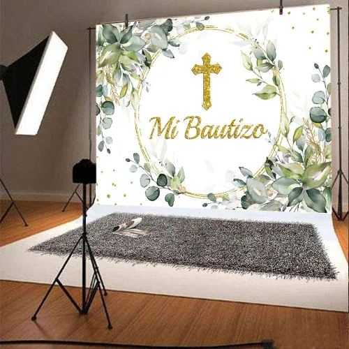 Miniatura 3 de Lofaris Mi Bautizo Telón de fondo de ceremonia de bendición de Dios con hojas verdes, anillo de oro, primera comunión, purpurina dorada, bautismo
