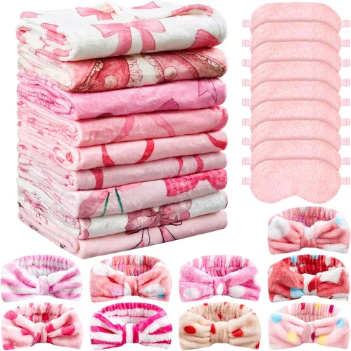 Miniatura 14 de Fanfanwin 18 piezas de suministros de fiesta de pijamas para niñas, 6 estilos lindos degradados, 6 diademas de forro polar coral para spa, 6