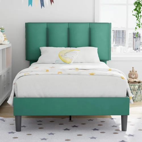 Miniatura 60 de VECELO - Base de cama tamaño individual con cabecera tapizada, plataforma con soporte de listones de madera de alta resistencia, no necesita somier