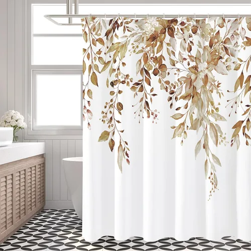 Miniatura 6 de Gibelle - Cortina de ducha de eucalipto marrón, hojas de plantas de acuarela con diseño floral, juego de cortina de ducha con ganchos, 72 x 72