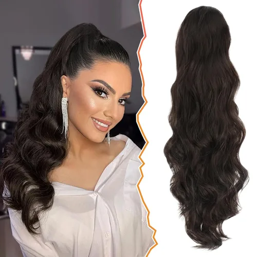 Miniatura 29 de BARSDAR Extensión de cola de caballo rojo burdeos, extensiones de cabello ondulado con cordón de 16 pulgadas para mujer, extensiones de cabello