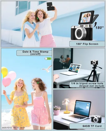 Miniatura 9 de Cámara digital FLATIC, cámaras 4K de 64MP para fotografía con tarjeta de 64GB, cámara de vlogging de enfoque automático de 18X para YouTube