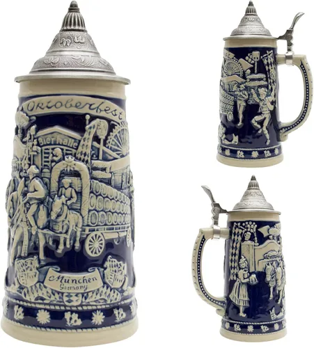 Miniatura 4 de Essence of Europe Gifts Jarra de cerveza alemana de 0,7 litros con tapa - Escena del festival de Alemania Munich, Wagon and Hops, Bier Krug Beer