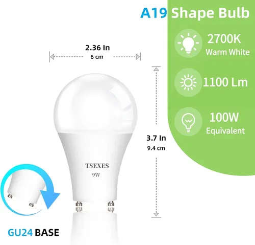 Miniatura 2 de TSEXES - Bombilla LED GU24, 9 W, forma A19, 2 puntas, 2700 K, blanco cálido, paquete de 4 Equivalente a 100 vatios, 1100 lúmenes, no regulable