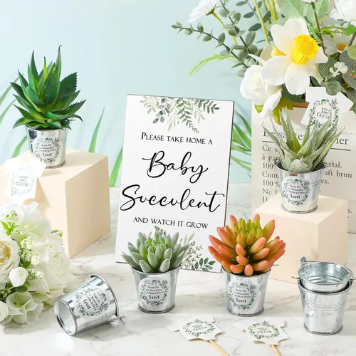Miniatura 5 de Fulmoon 151 piezas de regalos de baby shower para invitados incluyen 1 letrero de vegetación, 50 etiquetas de reloj para suculentas, 50 cubos