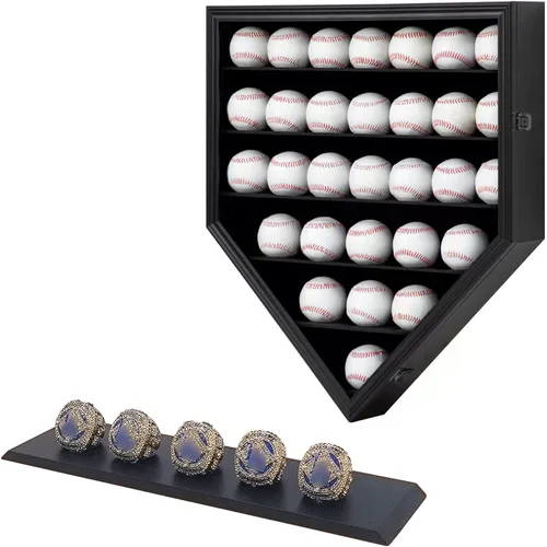 Grintus 30 expositores de béisbol de madera para pelotas de béisbol de montaje en pared, caja de sombra de béisbol con cerradura antidecoloración,