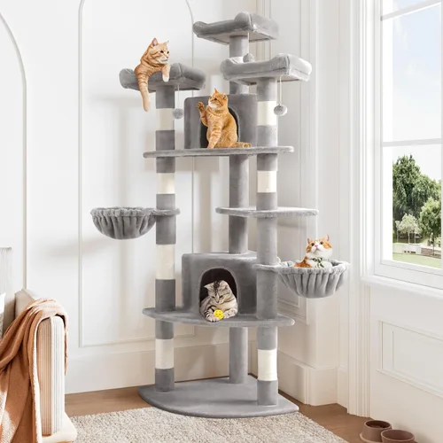 Miniatura 8 de Allewie Torre esquinera para gatos de 73 pulgadas en forma de abanico que ahorra espacio, árbol alto de varios niveles para gatos de interior/cestas