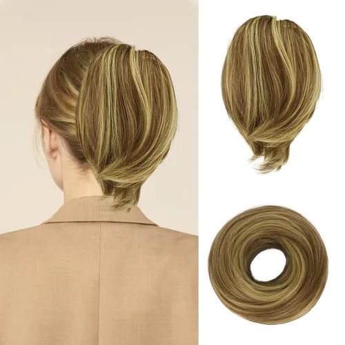 Miniatura 35 de BARSDAR Extensión de cola de caballo y moño de pelo de cobre, extensiones de moño corto sintético liso elástico para mujer, moños desordenados
