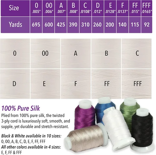 Miniatura 5 de The Beadsmith Cordón de seda pura – Blanco, tamaño E (0.325 mm/0.0128"), 200 yardas (600 pies), carrete de 1/2 onza