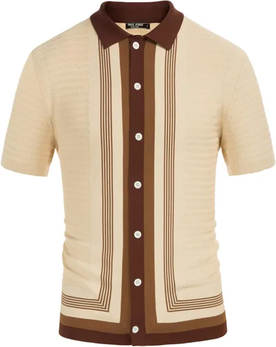 PJ PAUL JONES Camisas tipo polo de punto a rayas vintage para hombre, manga corta, elegante, con botones