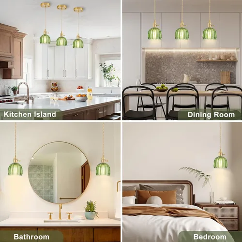 Miniatura 3 de Mini luces colgantes para isla de cocina, pequeña lámpara colgante ajustable con pantalla de cristal de tulipán verde, iluminación colgante dorada