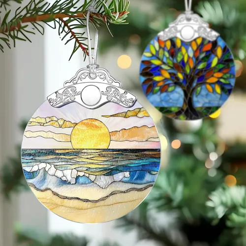 Miniatura 5 de Adorno de Vidrio Manchado de Puesta de Sol en la Playa, Adorno Navideño – Decoración de Árbol de Navidad, Decoración Festiva, Relleno de Calceti