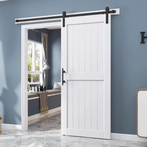 Puerta de granero EaseLife de 36 x 84 pulgadas en blanco con kit de herrajes para puerta corredera de 6.6 pies incluido y manija, madera maciza
