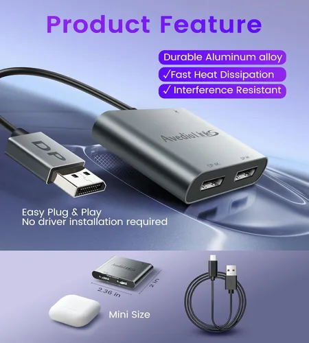 Miniatura 6 de Adaptador divisor Displayport a Dual Displayport 4K @60Hz, adaptador divisor DP 1.4 1 en 2 salidas SST/MST pantalla extendida compatible con PC