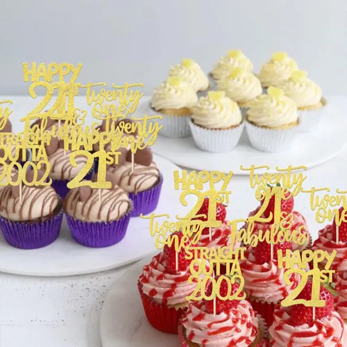 Miniatura 6 de Paquete de 24 adornos para cupcakes con purpurina de 21 años de 2002, decoraciones para pasteles de cumpleaños de 21 años, suministros de fiesta