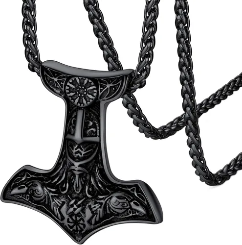 FaithHeart Collar con colgante de runas vikingas nórdicas, martillo de Thor, brújula nórdica, Odín, cuervo, para hombres y mujeres, con embalaje