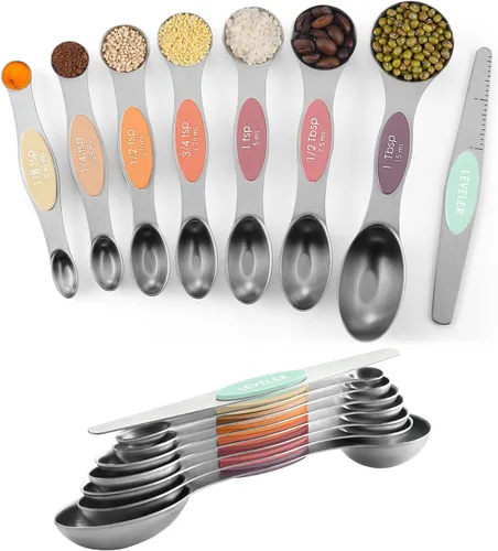 Miniatura 10 de ChefAide Paquete de 8 Cucharas Medidoras Magnéticas de Acero Inoxidable, de Doble Cara, Apilables, Cucharadita y Cucharada Medidoras Ajustables