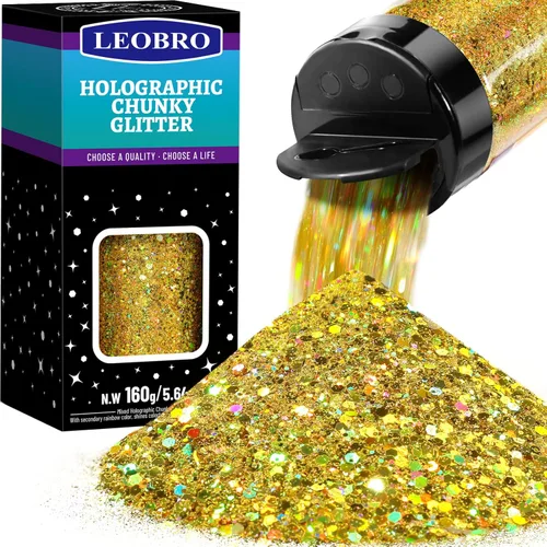 LEOBRO - Purpurina dorada, 160g/5.64oz, purpurina holográfica gruesa para manualidades, resina, uñas, cuerpo, vasos, decoraciones de fiesta Láser Oro