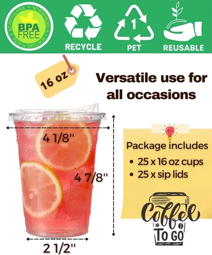 Miniatura 4 de Vasos de plástico transparentes de 16 oz con tapas sin pajita, 25 juegos de vasos desechables de plástico para café helado, vasos para llevar