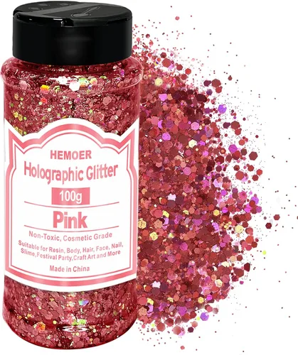 HEMOER - Purpurina rosa, 100g/3.5oz, lentejuelas holográficas gruesas mixtas de hexágono y copos finos con brillo iridiscente para manualidades de