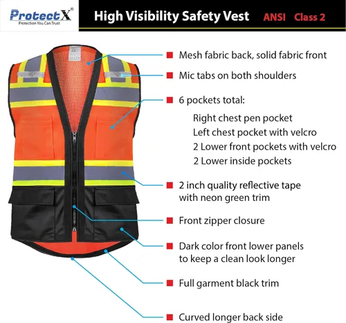 Miniatura 5 de ProtectX - Chaleco de seguridad de alta visibilidad con 6 bolsillos, clase 2 reflectante, de alta visibilidad, para hombres y mujeres, chaleco