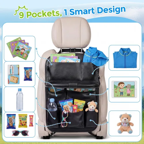 Miniatura 4 de Tsumbay Organizador de asiento trasero de automóvil con soporte para tableta, 9 bolsillos de almacenamiento, bandeja de mesa plegable, protectores