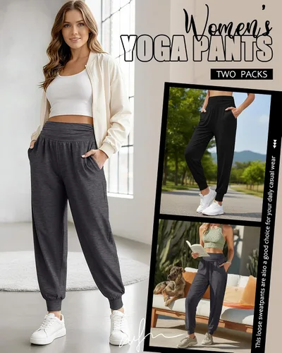 Miniatura 6 de Paquete de 2 pantalones deportivos de yoga para mujer, cómodos pantalones deportivos con bolsillos, casuales, holgados, cómodos y de cintura alta