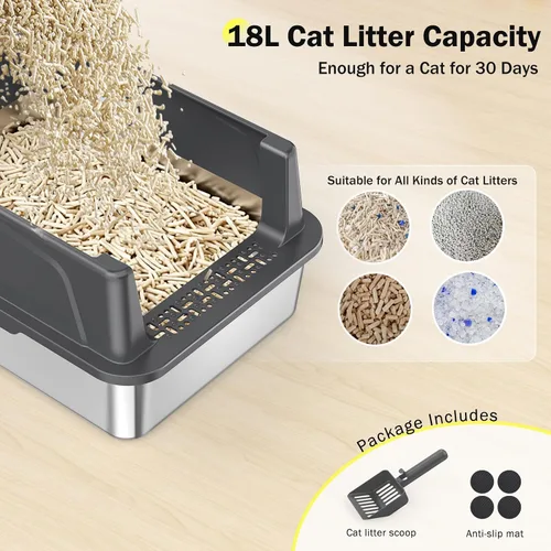 Miniatura 6 de Caja de arena para gatos de acero inoxidable con tapa, bandeja de arena de metal de alta cara para gatos pequeños, caja de arena para gatitos