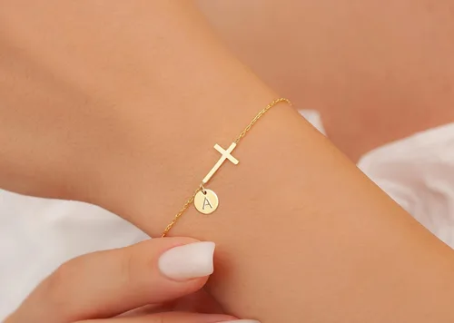 Miniatura 2 de Pulsera de cruz para mujer, delicada pulsera de cruz con iniciales, pulseras de cadena de eslabones dorados, regalos cristianos para mujeres