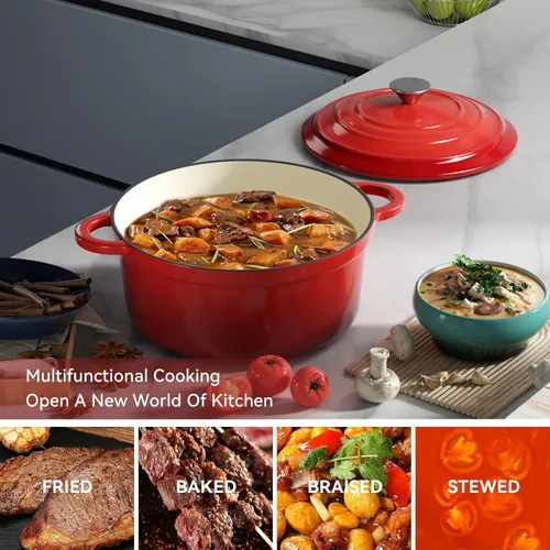 Miniatura 6 de Miereirl Olla holandesa de hierro fundido esmaltada de 4.5 QT con tapa, horno holandés de hierro fundido con asas duales para hornear pan, cocinar