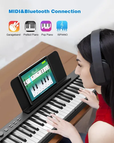 Miniatura 3 de Teclado de piano plegable de 88 teclas, teclado de piano portátil con tecla semipesada estándar, piano plegable con soporte Bluetooth/MIDI con Negro