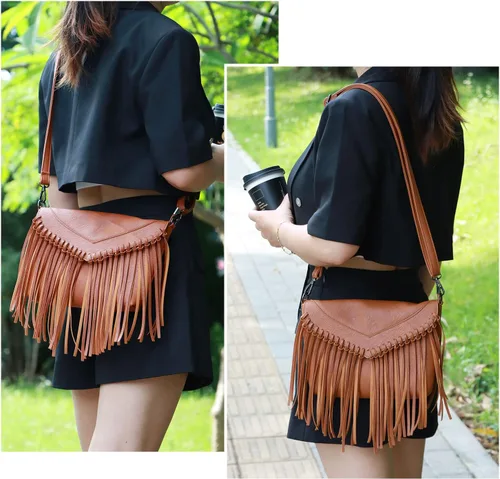Miniatura 6 de Bolso Hobo con flecos para mujer, bolso de hombro con borla vintage, bolsos negros con borlas