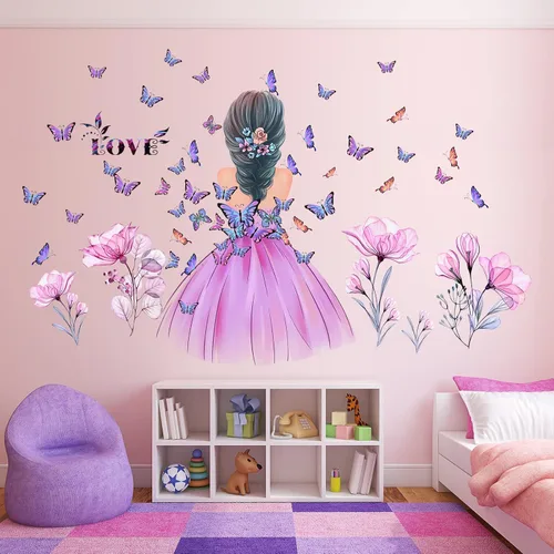 Pegatinas de pared de mariposa para niña, calcomanía de pared de hada de flores, papel tapiz floral rosa, mariposas coloridas, bricolaje, arte de