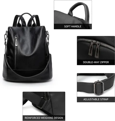 Miniatura 5 de Mochila de moda para mujer, mochila antirrobo de piel sintética, ligera, resistente al agua, color negro