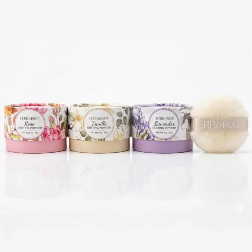 Miniatura 13 de Herb & Root Polvos corporales para espolvorear sin talco. Rosa, vainilla, sándalo, lavanda, jazmín y sets de regalo (tamaño completo, rosa)