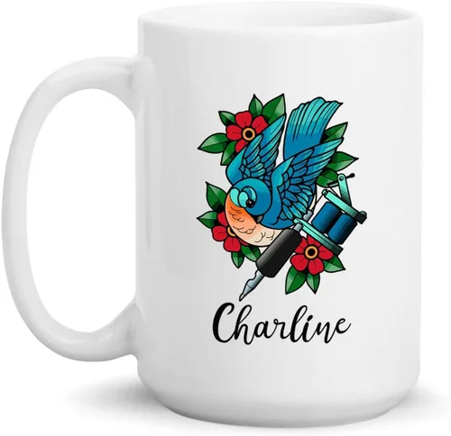 Taza de artista de tatuaje floral, taza de café personalizada para tatuajes, taza de tatuaje personalizada con nombre regalo para amantes del