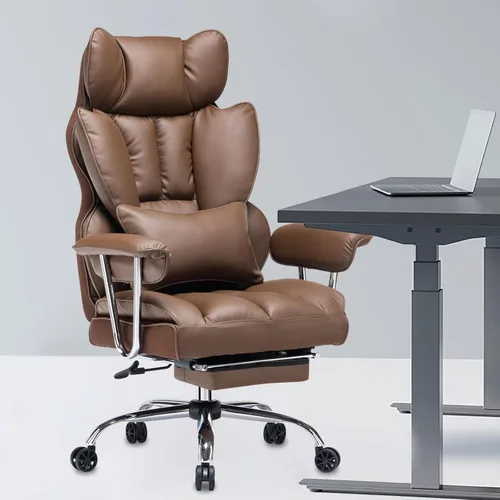 Efomao Silla de oficina ejecutiva para personas pesadas, silla de respaldo alto con reposapiés, silla de oficina de piel sintética ajustable en Café
