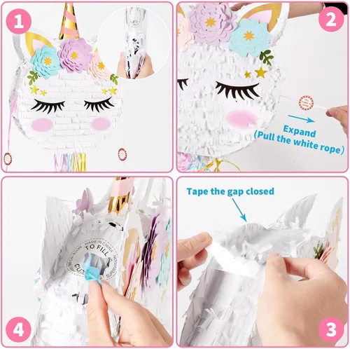 Miniatura 2 de Piñata plegable de unicornio, suministros para fiesta de cumpleaños, piñata extensible con bate y flecos, decoración de fiesta temática, piñatas