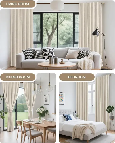 Miniatura 6 de Cortinas opacas de 120 pulgadas, 2 paneles de 100% bloqueo de luz, aislamiento térmico y reducción de ruido, mezcla de lino plisado con gancho