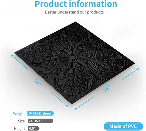 Miniatura 7 de Art3d Azulejo decorativo para techo de 2 x 2 pulgadas, pegado, 24 x 24 pulgadas, paquete de 12 unidades, diseño floral español en negro