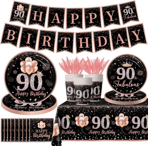Juego de vajilla de 142 piezas de decoración de cumpleaños 90 para mujer, color oro rosa, con temática de feliz cumpleaños 90, mantel desechable,