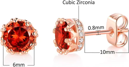 Miniatura 26 de MDFUN Aretes chapados en oro rosa para mujer, 0.236 in, corona brillante redonda, piedra natal, regalo de cumpleaños