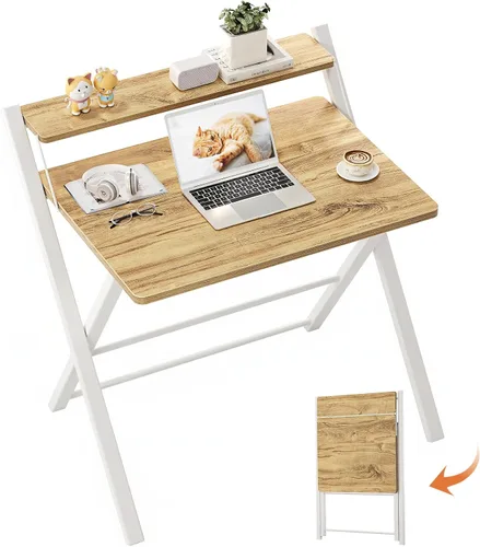 Miniatura 10 de GreenForest Escritorio plegable sin montaje, escritorio compacto de 2 niveles para computadora con estante, mesa plegable que ahorra espacio