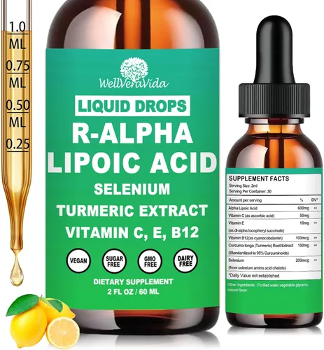 Gotas líquidas de ácido alfa lipoico, suplemento ALA Ácido alfa lipoico 600 mg para antioxidantes, apoyo del metabolismo nervioso y energético,