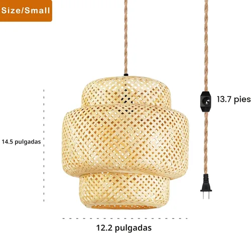Miniatura 5 de Lámpara colgante de ratán para enchufar, con cable de enchufe, lámpara colgante de bambú regulable, tejida a mano estilo bohemio, pantalla