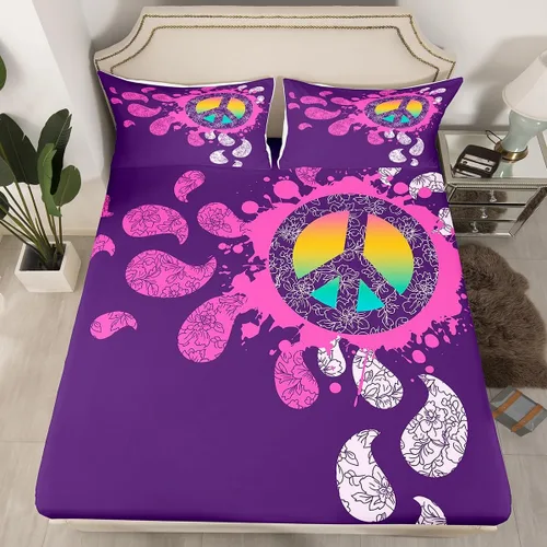Erosebridal - Juego de sábanas hippie para niños, tamaño doble, diseño de signo de la paz púrpura, sábana bajera bohemia, exótica para niños y
