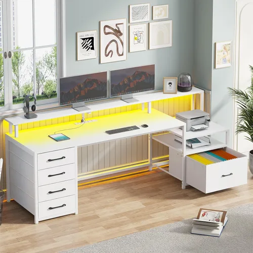 Miniatura 3 de SEDETA Escritorio blanco para computadora con 5 cajones y toma de corriente, escritorio de oficina en casa de 66 pulgadas con cajón de archivos
