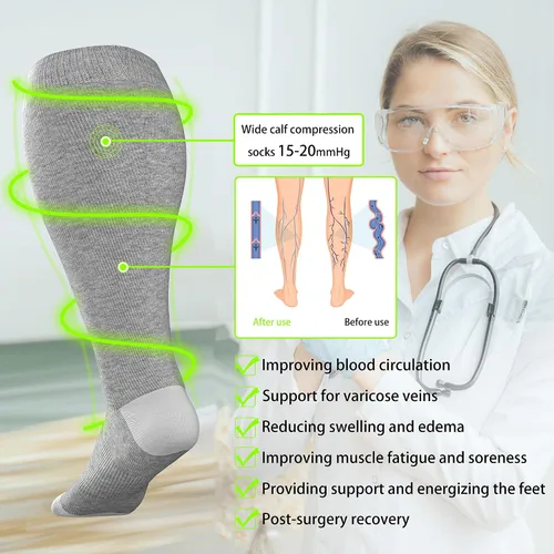 Miniatura 6 de LEVSOX Calcetines de compresión de pantorrilla ancha para mujeres y hombres, talla grande, 15-20 mmHg, hasta la rodilla, medias de gran soporte