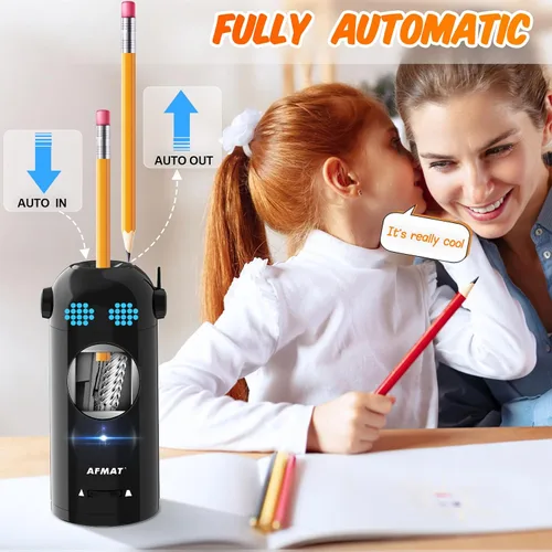 Miniatura 2 de AFMAT - Sacapuntas eléctrico de robot para lápices de colores de 7-11.5mm, entrada y salida automática, recargable totalmente automático sin manos
